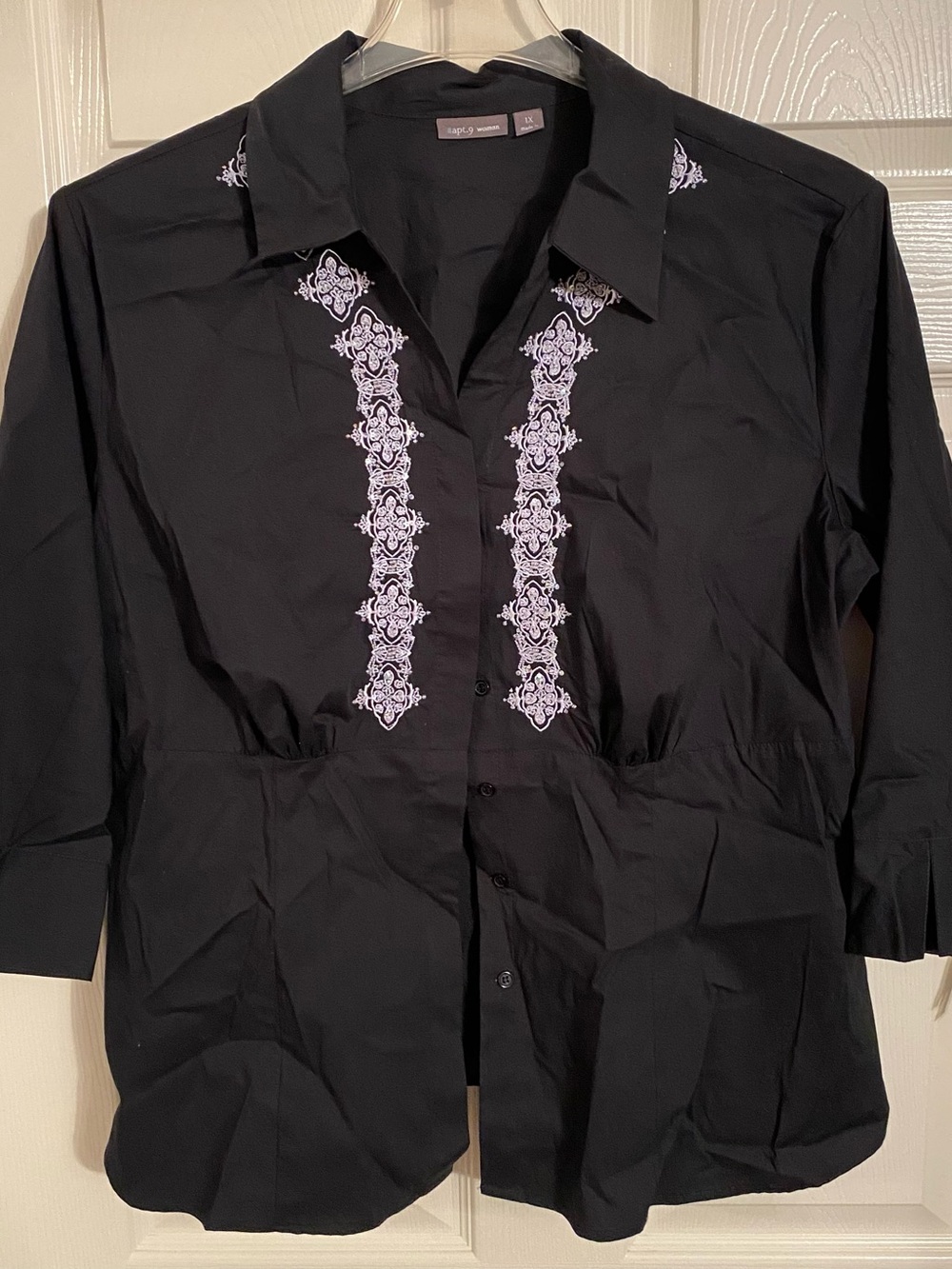 Apt. 9 Women's Top Sz 1x Black W/ White Embroidery 3/4 Sleeve NWT/NOS